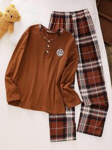 男士休闲格子领刺绣长袖上衣和裤子两件套家居服套装