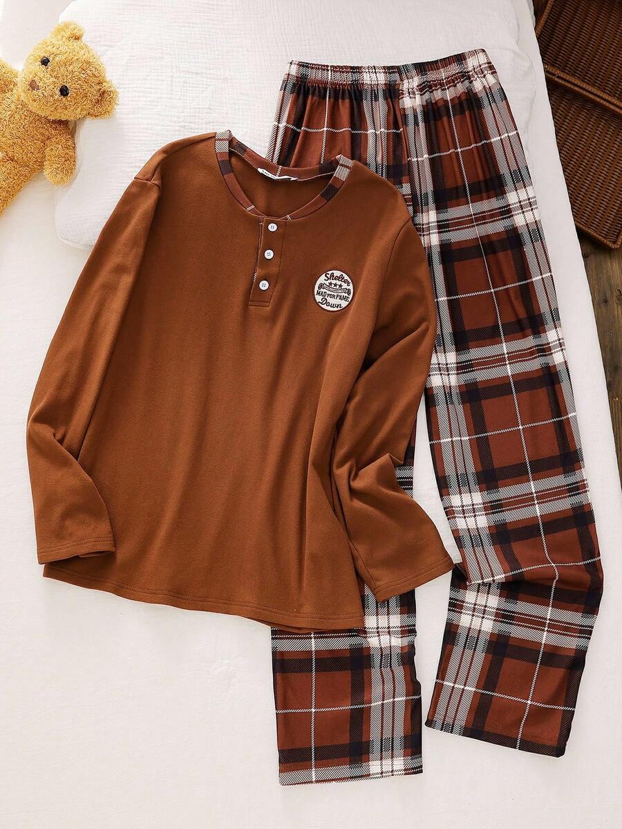 男士休闲格子领刺绣长袖上衣和裤子两件套家居服套装