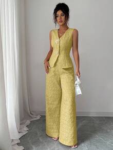 Selianne Bộ 2 món họa tiết thanh lịch dành cho nữ, màu hồng, mùa hè - Màu vàng - Xem 7