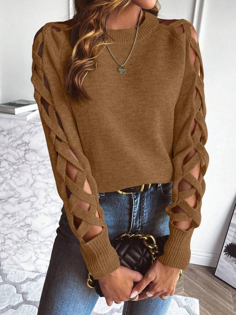 EMERY ROSE Women's Sexy Criss-Cross Hollow Out Sleeve Round Neck Sweater, Autumn/Winter - Camel - View 1