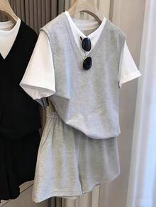 INAWLY Women's Fashion Versatile, INS Style, Casual Sportswear, Suitable For Outerwear, Photography Street, Must-Have For Girls, Back To School Season, Fashionable And Elegant, Summer, 100% Head-Turning, Loose Fit, Free Movement, Suitable For School, Shopping, Sports And Various Occasions, Easily Create A Vibrant Autumn Fashion Look, Become The Center Of Attention Wherever You Go, Women Short Sleeve T-Shirt Set