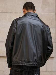 SWAVVY Men's Solid Color Long Sleeve Zip-Up Collar Utility Pocket PU Leather Jacket, Autumn, For Fall Winter - Black - View 5