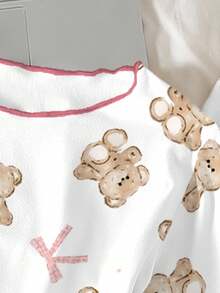 少女睡衣套装，粉色小熊蝴蝶结印花白色针织T恤，荷叶边装饰，长袖长裤，休闲家居服 - 白色 - 查看 3