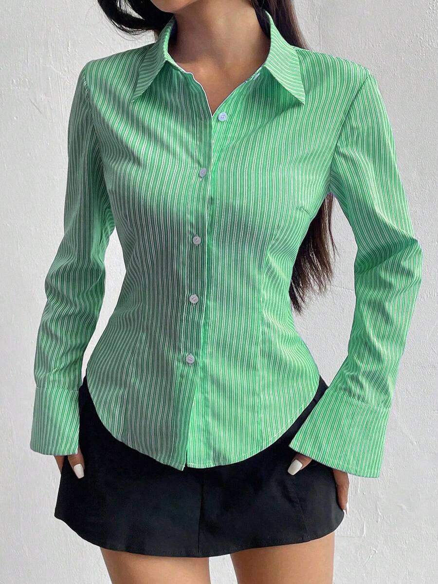 Flirla Áo sơ mi tay loe kẻ sọc có khóa kéo thường ngày dành cho nữ, thích hợp mặc hàng ngày vào mùa thu - màu xanh lá - Xem 1