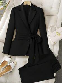 GlowEve CURVE Plus Size Minimalist Commuter Mandarin Collar Ruffle Hem Blazer And Pants Suit Set, Autumn