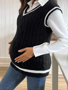 SHEIN 孕妇V领条纹印花休闲时尚毛衣背心