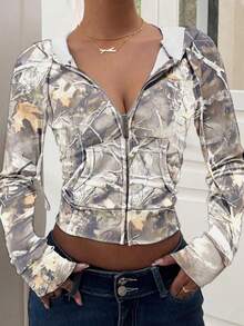 SHEIN EZwear 女式迷彩叶印花复古街头休闲连帽衫，适合毕业、教师、返校秋季套头衫 - 彩色 - 查看 7