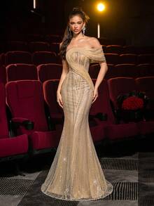 Glamrae 优雅、奢华、迷人的露肩亮片美人鱼连衣裙，适合婚礼、派对、度假、庆典、正式活动（重度装饰） - 香檳色 - 查看 2