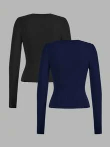 SHEIN EZwear 2件組女款休閒純色百搭修身長袖T恤，適合秋冬穿著 - 彩色 - 查看 2