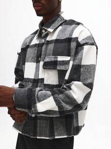 SUMWON Brushed Flannel Button Down Overshirt Buffalo Check Pattern Boxy Fit Long Sleeve Casual Winter Layering Piece