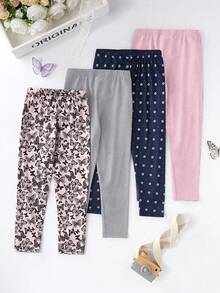 Genkimix Kids 4pcs Girls Butterfly & Floral Print Leggings Set, Minimalist Design, Black & Gray