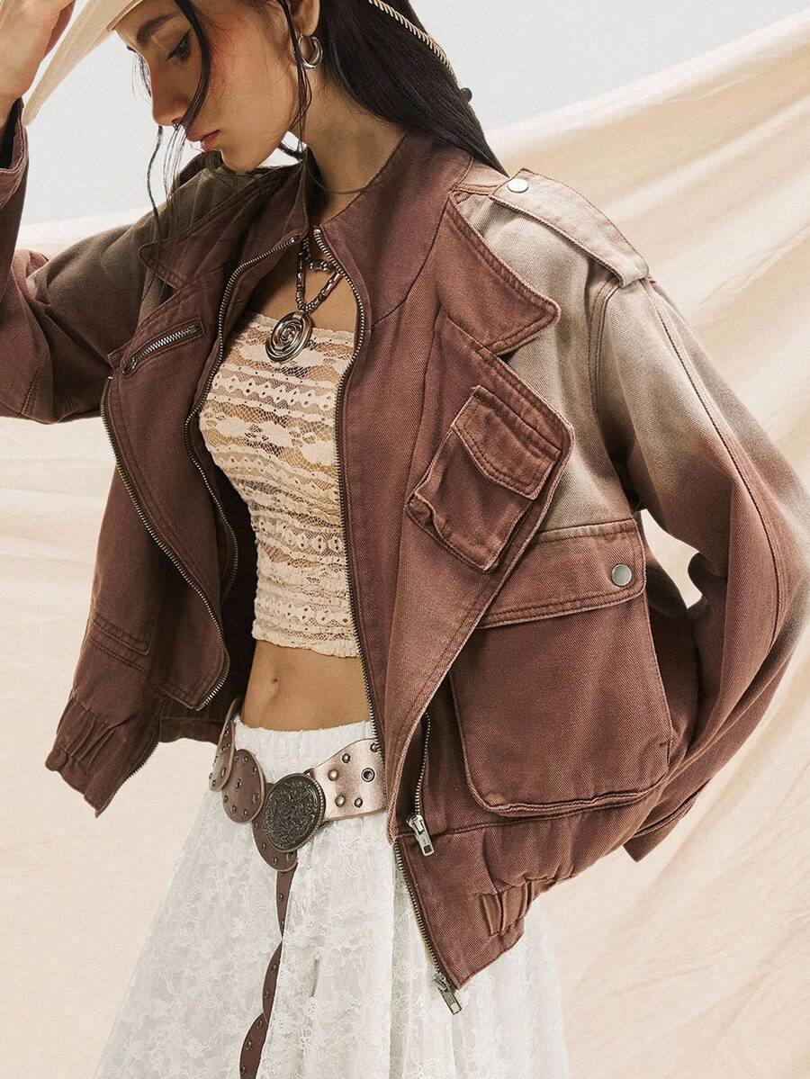 Easelle Women's Vintage Gradient Brown Denim Jacket,All Shades Of Brown,Autumn,Streetwear,Everyday Western Style Zipper Front Loose Drop Shoulder Outerwear - Brown - View 1