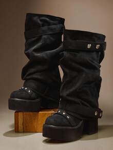 SHUZIA 女士时尚性感厚底中筒靴 - 黑色 - 查看 6