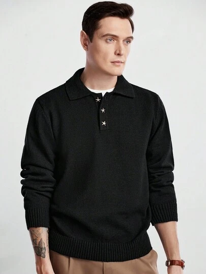 Manfinity CityGents Men's Pentagram Decor Black Long Sleeve Sweater, For Fall Winter