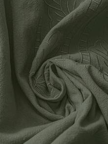 SHEIN LUNE CURVE 女式 V 领刺绣 3/4 袖亚麻衬衫，宽松夏季上衣 - 軍綠色 - 查看 3