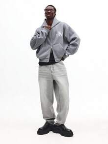 SUMWON 短款休闲拉链连帽衫，纽约印花，基本款全前拉链运动衫，日常穿着必备春秋冬街头服饰 - 灰色 - 查看 4