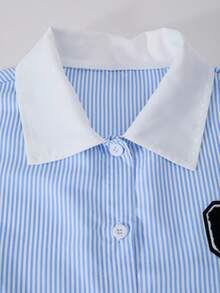 SHEIN Explorewe Tween Girls Blue Striped Collar White Long Sleeve Shirt, Blue & White Striped Pleated Skirt, Fashion Casual Versatile Autumn/Winter Shirt & Skirt Set, Can Be Paired With Jacket, Coat Fall - Blue - View 6