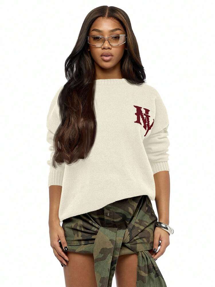 SUMWON WOMEN Crew Neck Knit Sweater With Embroidered Logo Detail