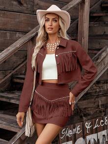 LanaWest 秋季两件套流苏套装，适合女士西部度假 - 酒紅色 - 查看 6