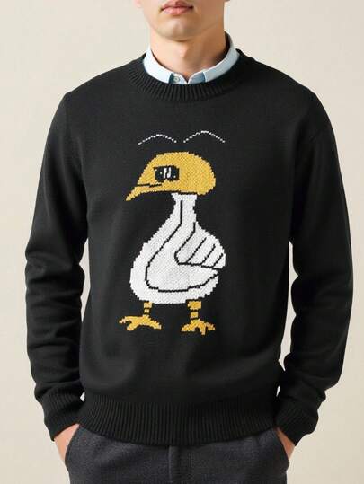 Manfinity CasualKnits Men's Casual Cartoon Pattern Sweater, Autumn/Winter Duck Sweater Goose Sweater Graphic Sweater Cotton Sweater Bird Sweater Back To School Everyday Comfort Thick Graphic Black OVERSIZE Anime