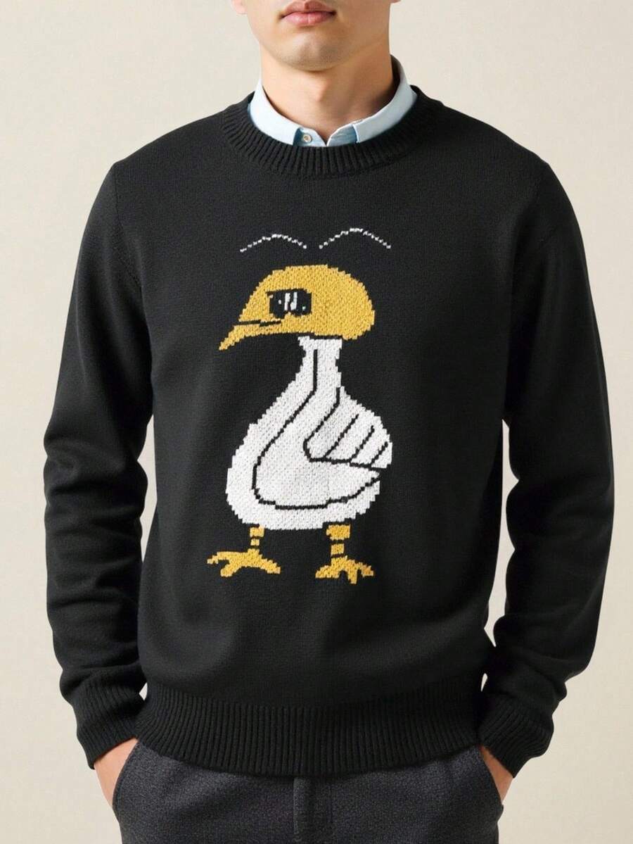 Manfinity CasualKnits 男士休闲卡通图案毛衣,秋冬 - 黑色 - 查看 1