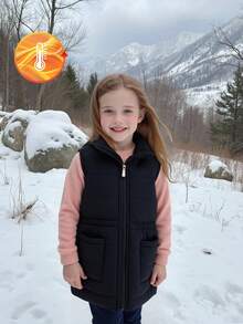 Elladie kids 女童休闲百搭黑色加厚棉背心，拉链口袋，腰部收紧，新款秋冬夹克 - 黑色 - 查看 1