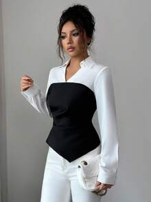 SHEIN Elenzya 女士优雅领口 V 领褶皱纽扣不对称下摆黑白撞色长袖衬衫，适合女性聚会、日常生活、通勤、工作、办公室、秋冬季 - 黑與白 - 查看 6