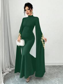 Selianne Women's Stand Collar Extra Long Sleeve Applique Decor Fitted Mermaid Hem Elegant Dress, Suitable For Party - Dunkelgrün - Übersicht 6