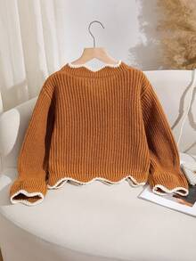 Genkimix Kids 女童粗针织短款长袖毛衣，秋冬款，V 领荷叶边下摆，喇叭袖细节，时尚套头衫