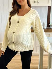 SHEIN Women's Loose Fit Twist Rope Floral Design Lantern Sleeve Cardigan Sweater, Front Button Knitted Maternity Sweater Coat For Autumn/Winter - Beige - View 5