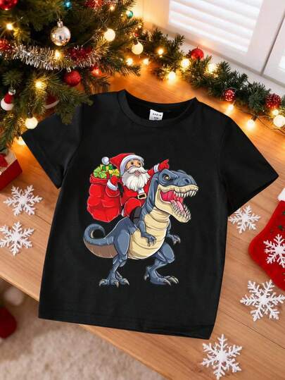 Young Boy Casual Cute Cartoon Dinosaur Carrying Santa Claus Delivering Gift Print Short Sleeve T-Shirt, Suitable For Holiday, School, Party Wear Christmas Tee