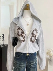 少女豹纹数字印花拉链卫衣，秋冬款