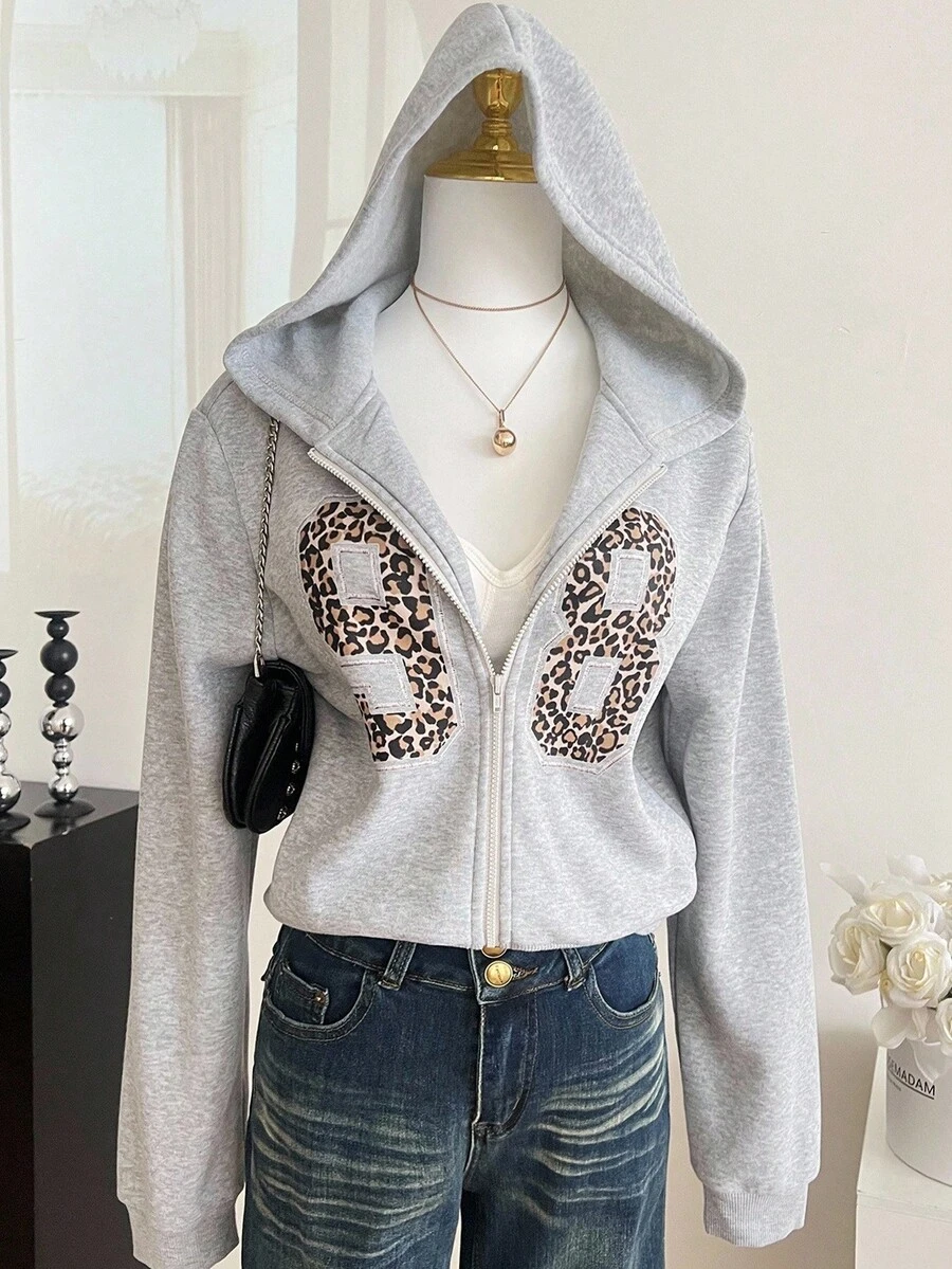 少女豹纹数字印花拉链卫衣，秋冬款