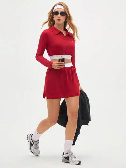 SHEIN Sports 女式撞色长袖短款 Polo 领 T 恤和口袋短裙运动套装