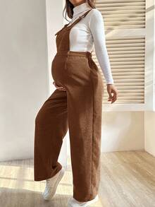 SHEIN Maternity Casual Solid Color Bib Jumpsuit, Autumn/Winter Bib Overalls Women Maternity Jumpsuit Brown Overalls For Women Plus Size Maternity Overalls Maternity Overalls - Mocha Brown - View 5