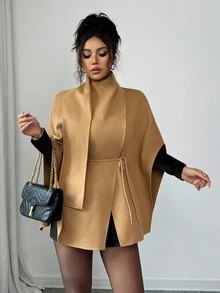 Elenzga 女士时尚卡其色斗篷披肩围巾腰带装饰夹克 - 卡其色 - 查看 7