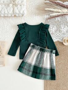 SHEIN Baby Girl Round Neck Long Sleeve Ruffle Trim Casual Ribbed Shirt Set Fall Winter - Green - View 2