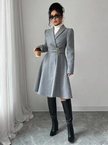 Elenzga 女士优雅灰色翻领交叉腰带金属扣装饰外套，秋冬款 - 灰色 - 查看 3