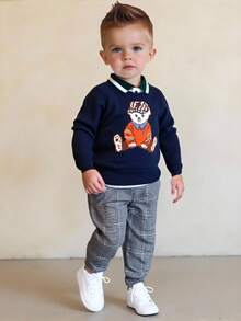 SHEIN 可爱男女宝宝卡通熊图案长袖海军蓝毛衣，休闲百搭，适合秋冬 - 彩色 - 查看 2