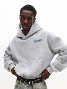 SUMWON 短款抽绳连帽衫，里斯本城市天际线印花，舒适冬季休闲套头衫，都市街头服饰，图案设计 - 灰色 - 查看 3