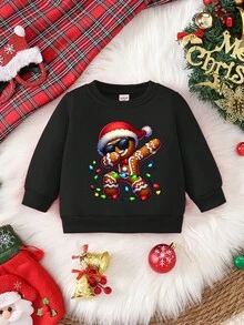Young Boy Christmas Gingerbread Man Print Drop Shoulder Oversize Sweatshirt