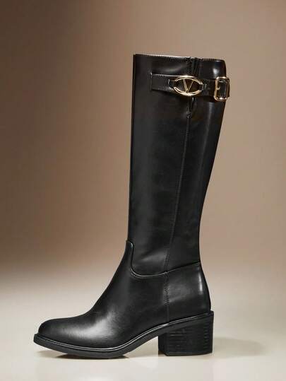 SHUZIA Elegante bota alta de mujer de punta afilada con tacón grueso de PU de cuero sintético negro, cómoda para otoño, invierno y días festivos