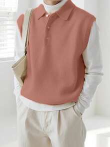 Claim Dot 男士休闲日常通勤简约纯色半扣开衫毛衣背心，秋冬 - 藕粉色 - 查看 4