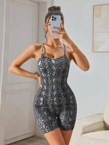 Slayform 1 件无缝连体衣，吸湿排汗面料，交叉带设计，基本款黑色印花，运动服/瑜伽服 - 彩色 - 查看 5