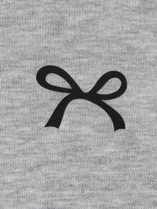 Elladie kids 年轻女孩休闲日常通勤时尚不对称领蝴蝶结印花宽松运动衫和松紧腰喇叭裤套装，秋季/春季 - 灰色 - 查看 4