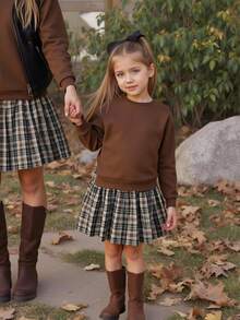 SHEIN 少女宽松休闲简约舒适圆领长袖纯色拼接格子连衣裙