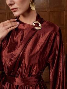 Lyxana Women's Satin Collar Metal Button Decor Ribbon Waist Tie Bow Drop Shoulder Long Sleeve Dress, Solid Color, Angora Red, Elegant Office Commute Streetwear, Winter Fashion Versatile, Workplace, Thanksgiving, Party, Autumn/Winter - Burgundy - View 5