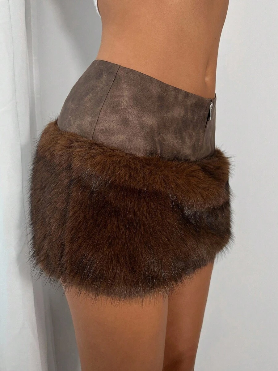 TRNVIE 1pc Brown Winter Holiday Outing Faux Fur Patchwork Tie-Dye PU Zipper Bodycon Low Waist Vintage Sexy Women Mini Skirt - Brown - View 1
