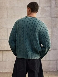 SWAVVY 男士休闲粗线花纹圆领落肩长袖棉质毛衣，秋冬 - 淺藍色 - 查看 2