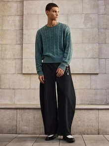 SWAVVY 男士休闲粗线花纹圆领落肩长袖棉质毛衣，秋冬 - 淺藍色 - 查看 3